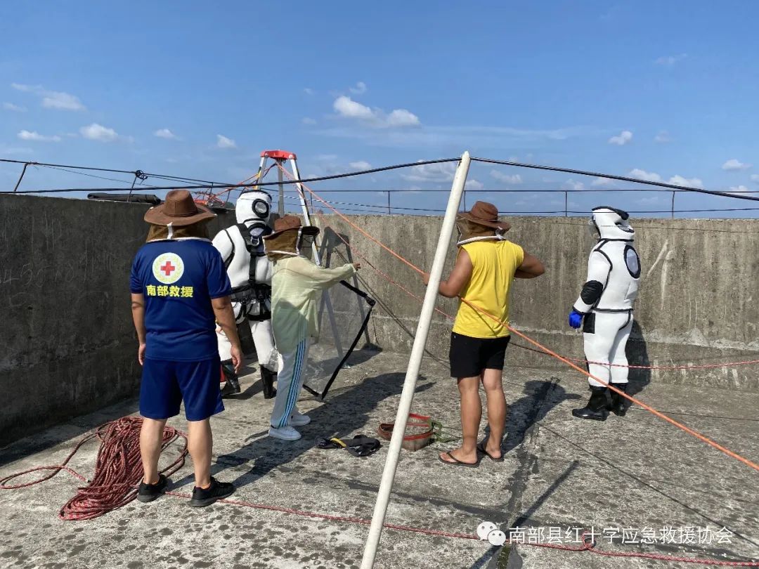 南部茶馆-南部陵江在线南部县一高楼顶部惊现马蜂窝，救援队悬空成功摘取南部陵江在线(2)